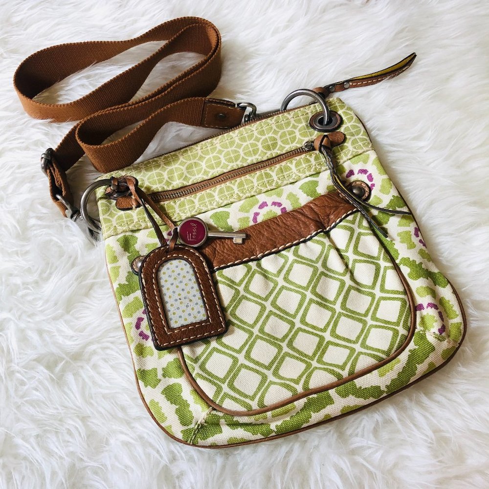Fossil Brown Leather Green Pattern Crossbody Bag